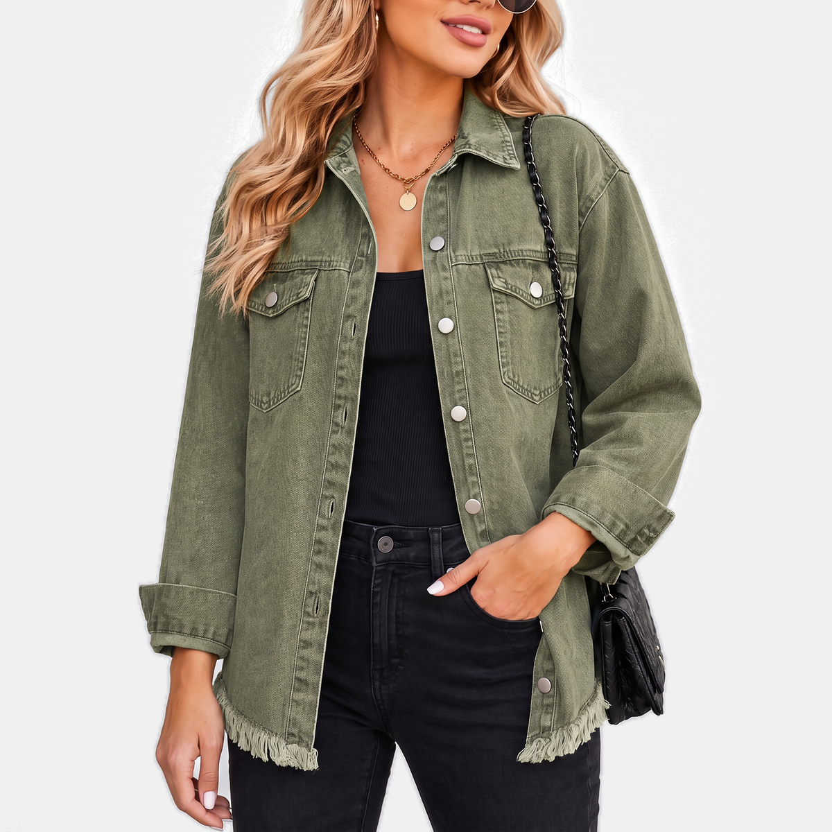 Women's Washed Denim Jacket with Snap Buttons and Raw Hem
