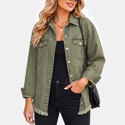 Women's Washed Denim Jacket with Snap Buttons and Raw Hem