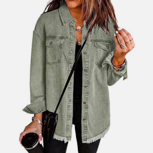 Women's Washed Denim Jacket with Snap Buttons and Raw Hem