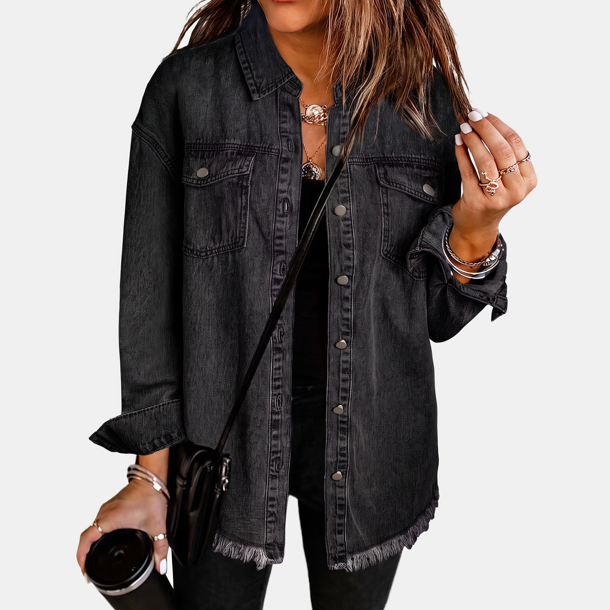 Women's Washed Denim Jacket with Snap Buttons and Raw Hem