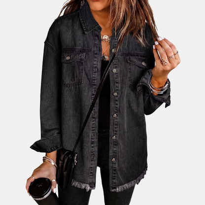 Women's Washed Denim Jacket with Snap Buttons and Raw Hem
