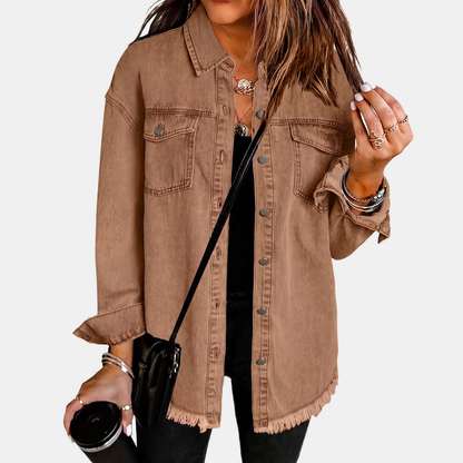 Women's Washed Denim Jacket with Snap Buttons and Raw Hem