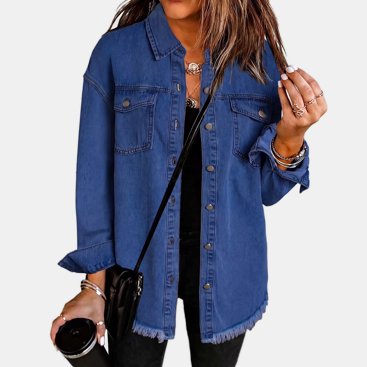 Women's Washed Denim Jacket with Snap Buttons and Raw Hem