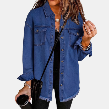 Women's Washed Denim Jacket with Snap Buttons and Raw Hem