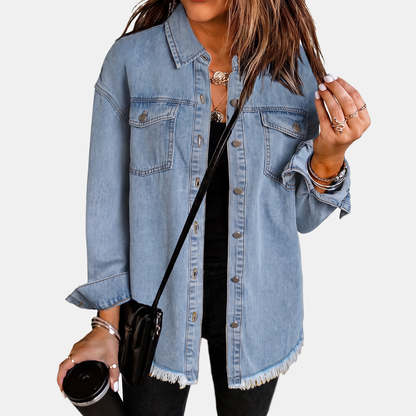 Women's Washed Denim Jacket with Snap Buttons and Raw Hem