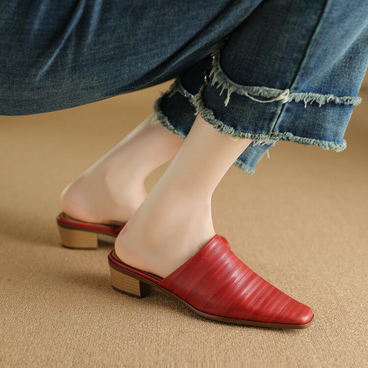 Oliva Genuine Leather Square-Toe Slip-On Mules