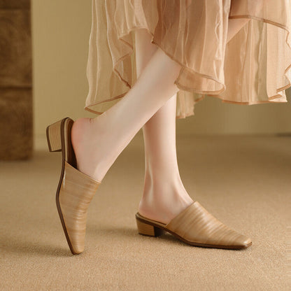 Oliva Genuine Leather Square-Toe Slip-On Mules