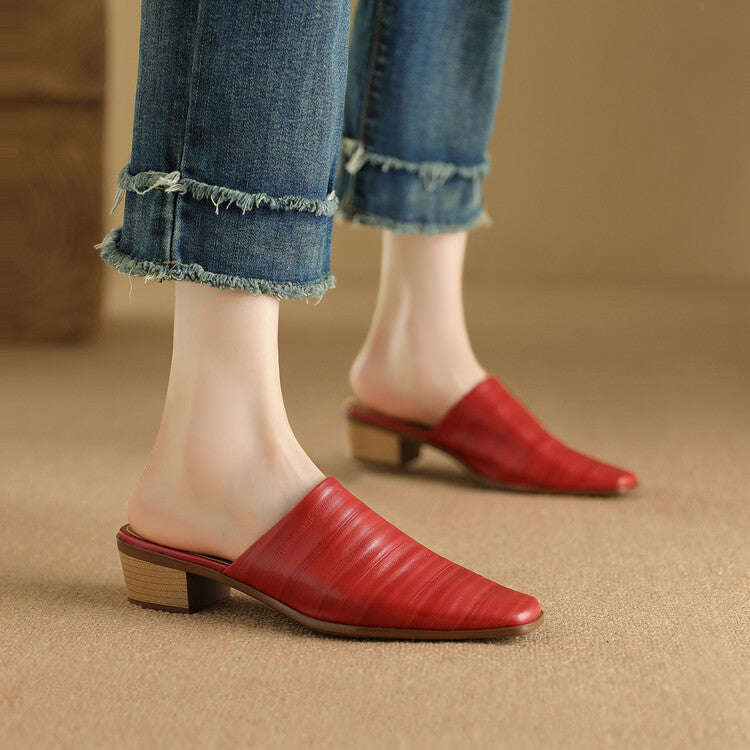 Oliva Genuine Leather Square-Toe Slip-On Mules