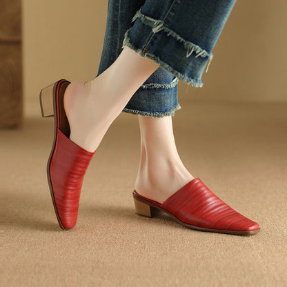 Oliva Genuine Leather Square-Toe Slip-On Mules