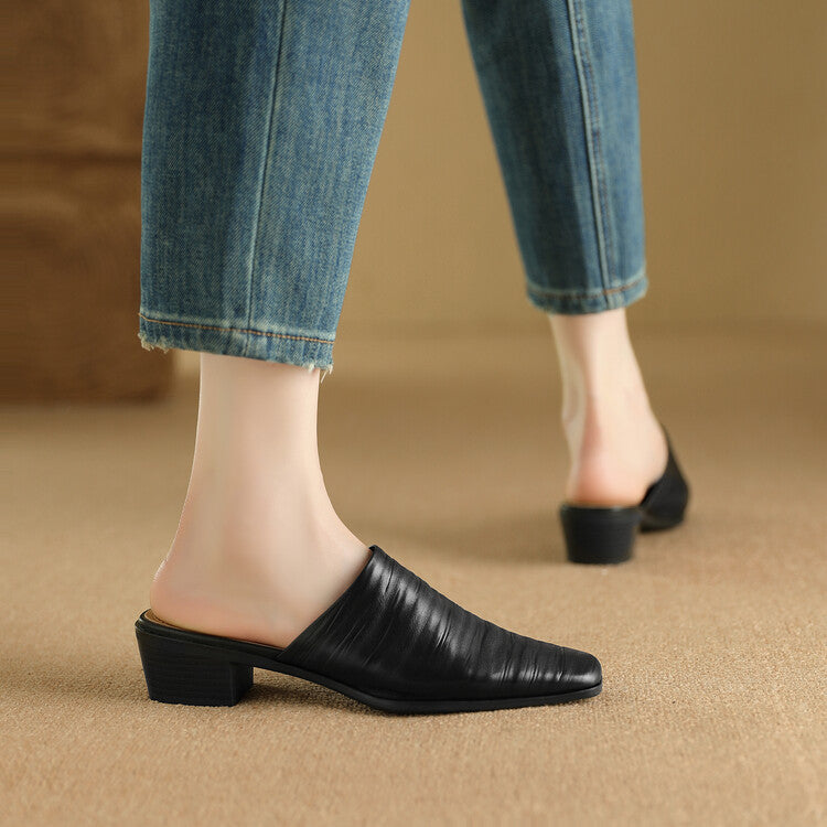 Oliva Genuine Leather Square-Toe Slip-On Mules