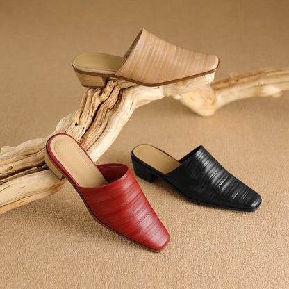Oliva Genuine Leather Square-Toe Slip-On Mules