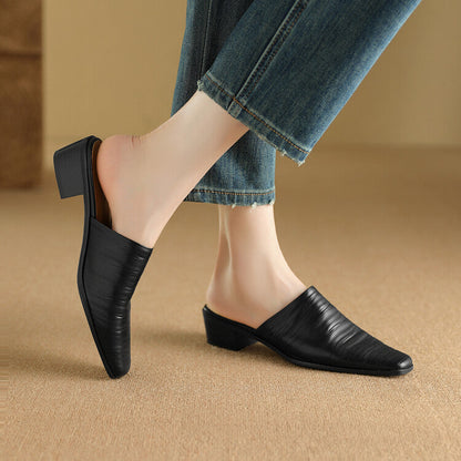Oliva Genuine Leather Square-Toe Slip-On Mules