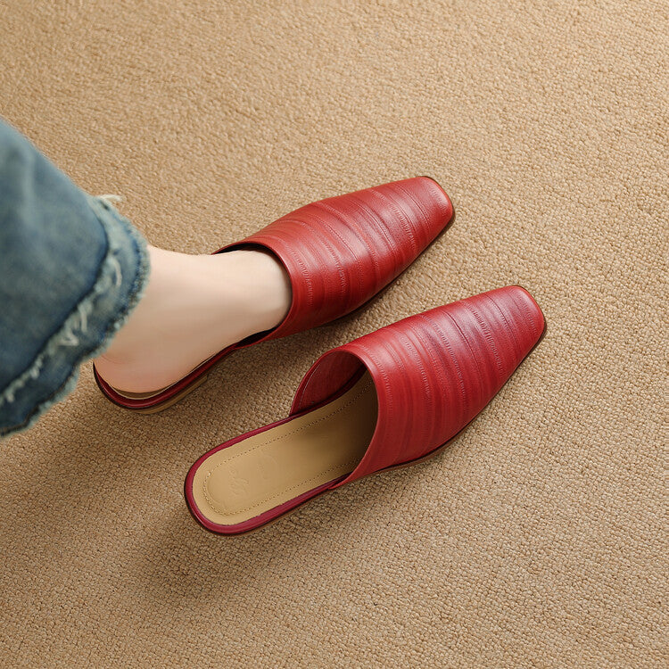 Oliva Genuine Leather Square-Toe Slip-On Mules