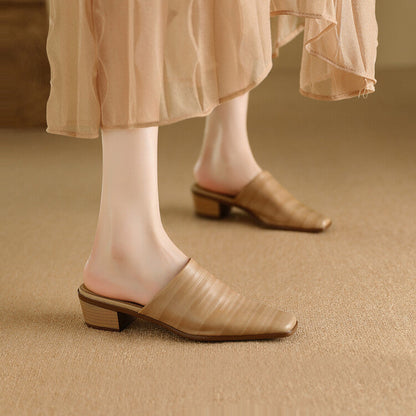 Oliva Genuine Leather Square-Toe Slip-On Mules