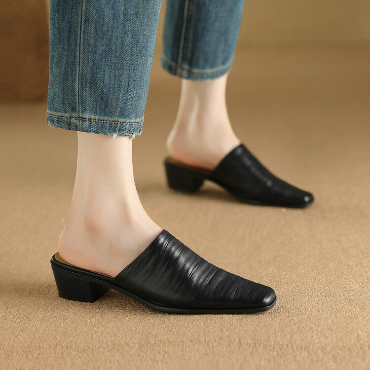 Oliva Genuine Leather Square-Toe Slip-On Mules