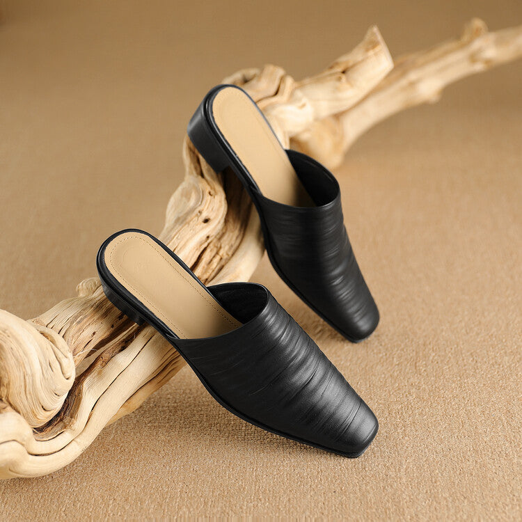 Oliva Genuine Leather Square-Toe Slip-On Mules
