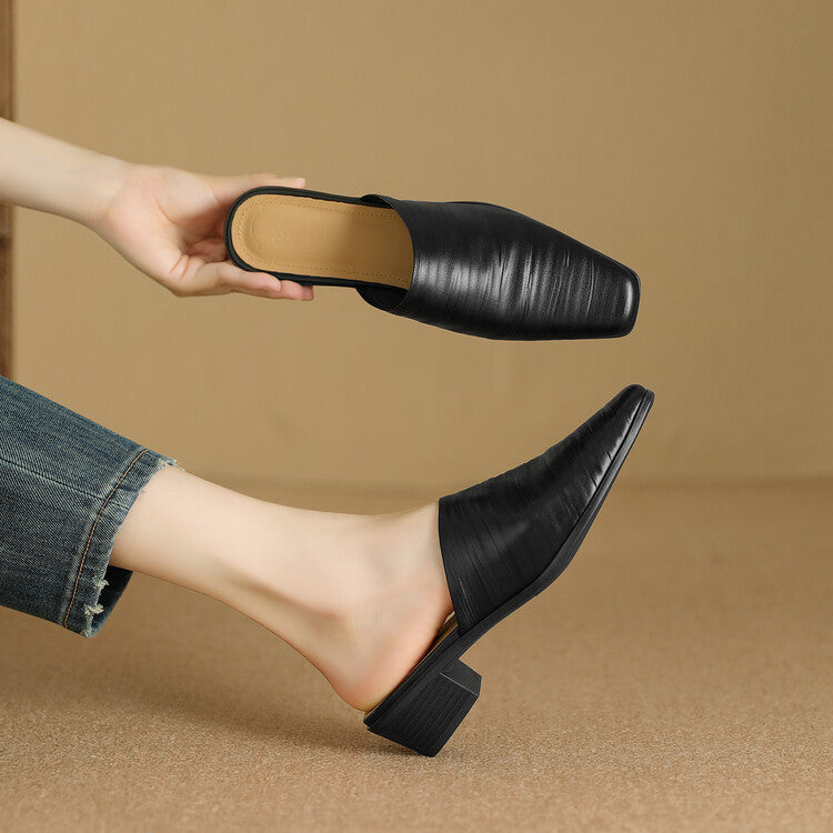 Oliva Genuine Leather Square-Toe Slip-On Mules