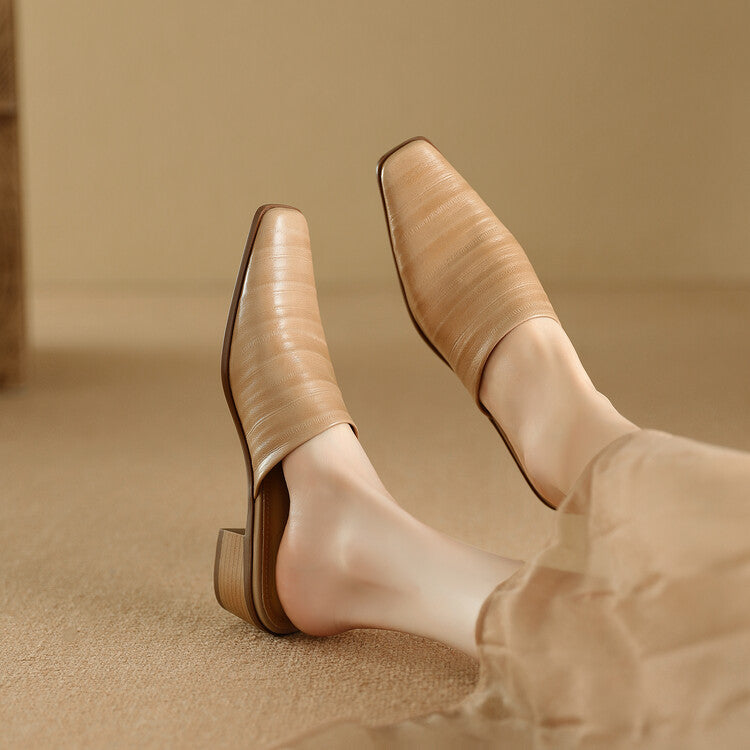 Oliva Genuine Leather Square-Toe Slip-On Mules