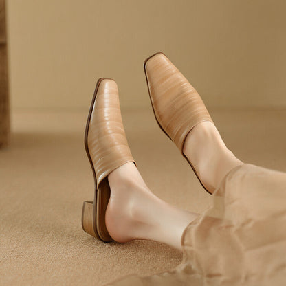 Oliva Genuine Leather Square-Toe Slip-On Mules