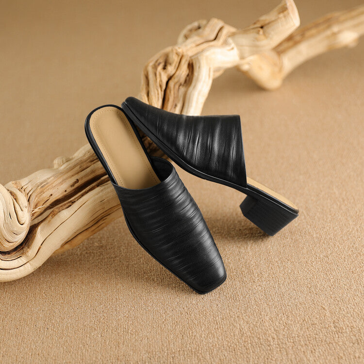 Oliva Genuine Leather Square-Toe Slip-On Mules