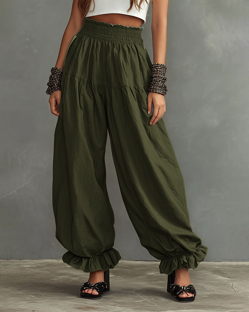 Effortless Comfort High-Waist Wide-Leg Pants with Ruffled Hem
