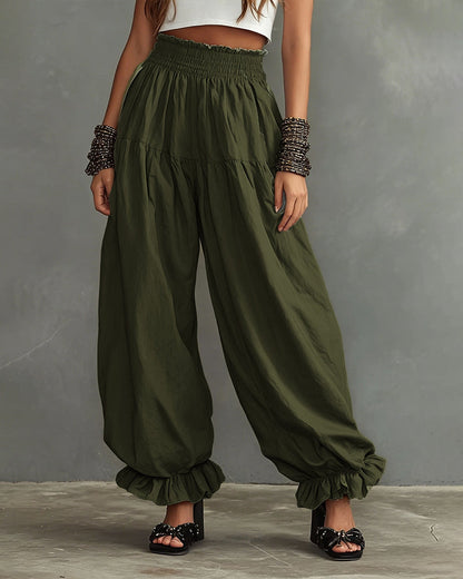 Effortless Comfort High-Waist Wide-Leg Pants with Ruffled Hem