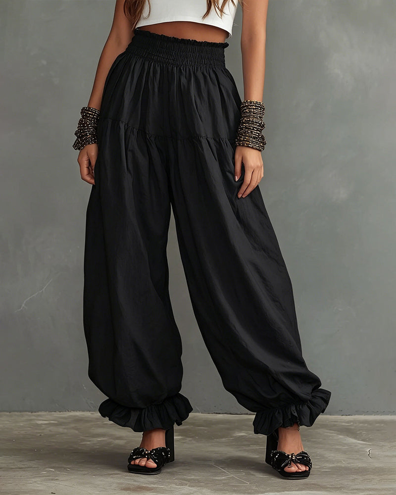 Effortless Comfort High-Waist Wide-Leg Pants with Ruffled Hem