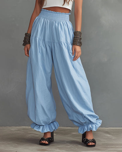 Effortless Comfort High-Waist Wide-Leg Pants with Ruffled Hem