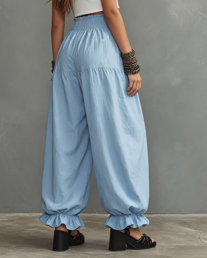 Effortless Comfort High-Waist Wide-Leg Pants with Ruffled Hem