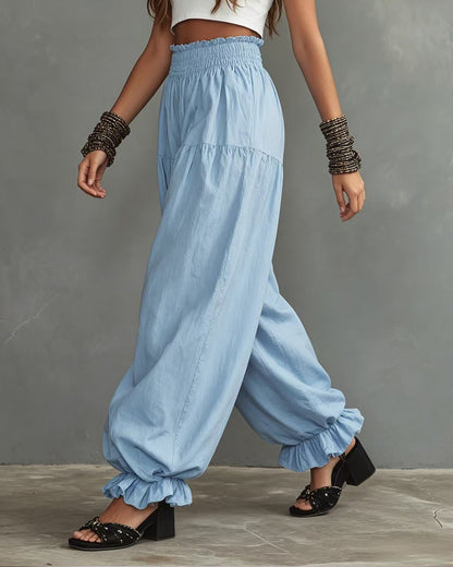 Effortless Comfort High-Waist Wide-Leg Pants with Ruffled Hem