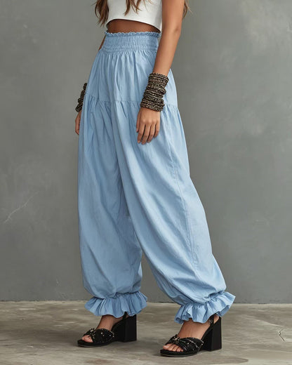 Effortless Comfort High-Waist Wide-Leg Pants with Ruffled Hem