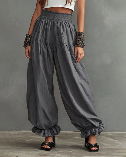 Effortless Comfort High-Waist Wide-Leg Pants with Ruffled Hem