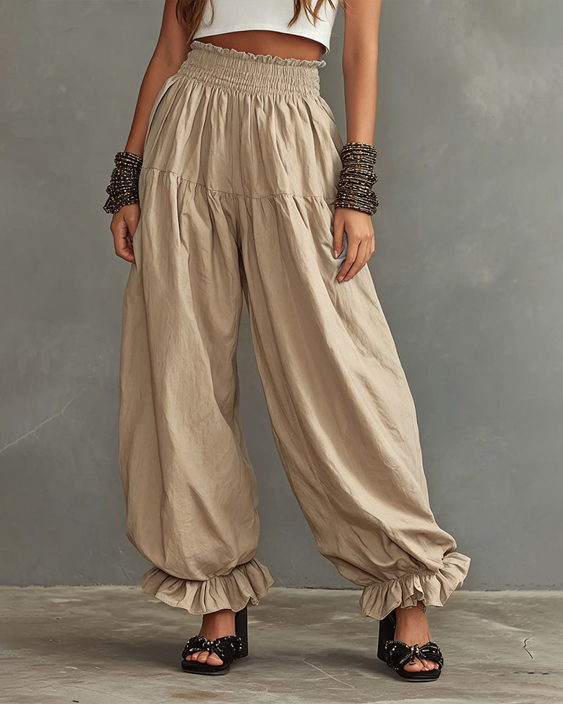 Effortless Comfort High-Waist Wide-Leg Pants with Ruffled Hem