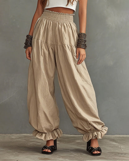 Effortless Comfort High-Waist Wide-Leg Pants with Ruffled Hem