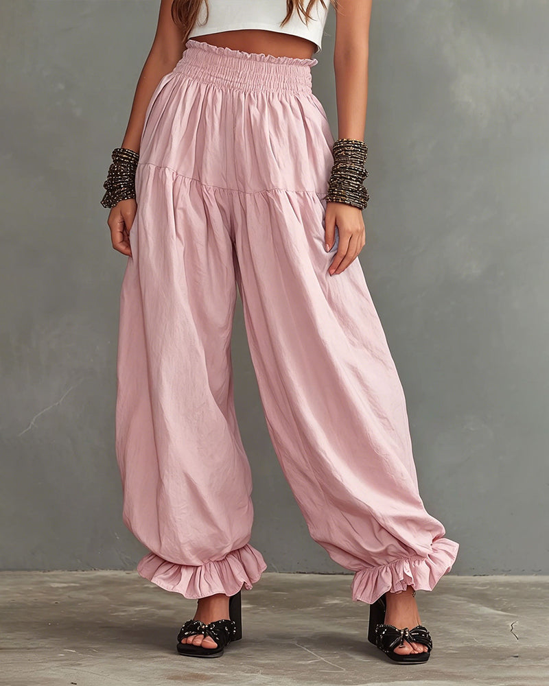 Effortless Comfort High-Waist Wide-Leg Pants with Ruffled Hem