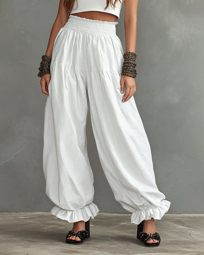 Effortless Comfort High-Waist Wide-Leg Pants with Ruffled Hem