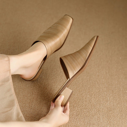 Oliva Genuine Leather Square-Toe Slip-On Mules