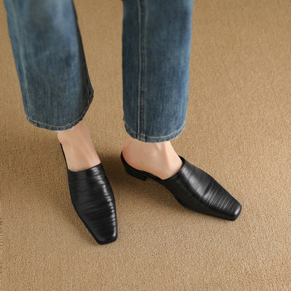 Oliva Genuine Leather Square-Toe Slip-On Mules
