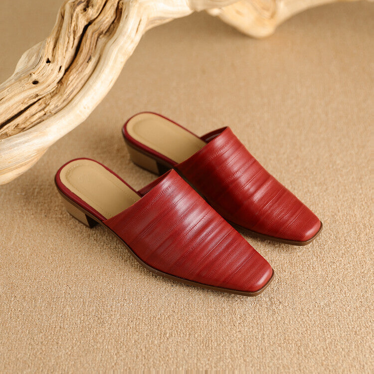Oliva Genuine Leather Square-Toe Slip-On Mules