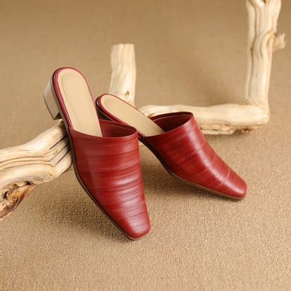 Oliva Genuine Leather Square-Toe Slip-On Mules