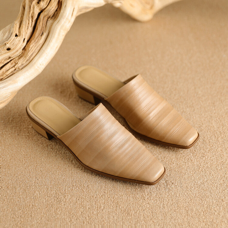 Oliva Genuine Leather Square-Toe Slip-On Mules