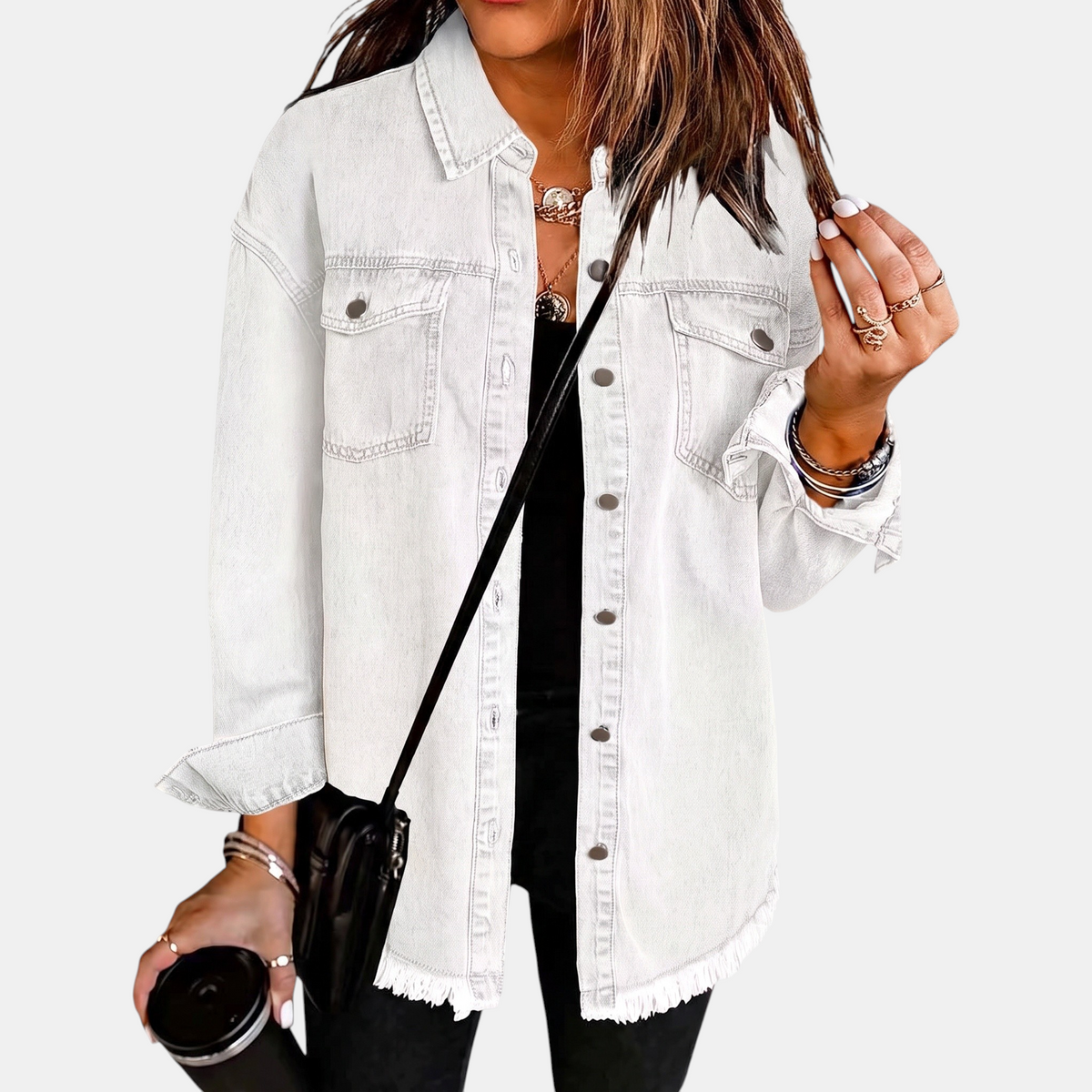 Women's Washed Denim Jacket with Snap Buttons and Raw Hem