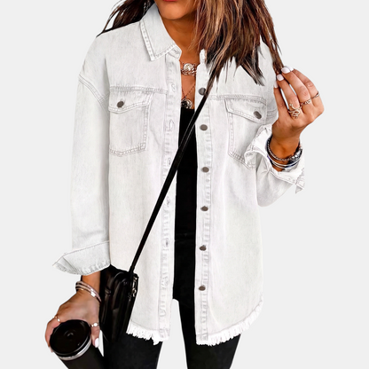 Women's Washed Denim Jacket with Snap Buttons and Raw Hem