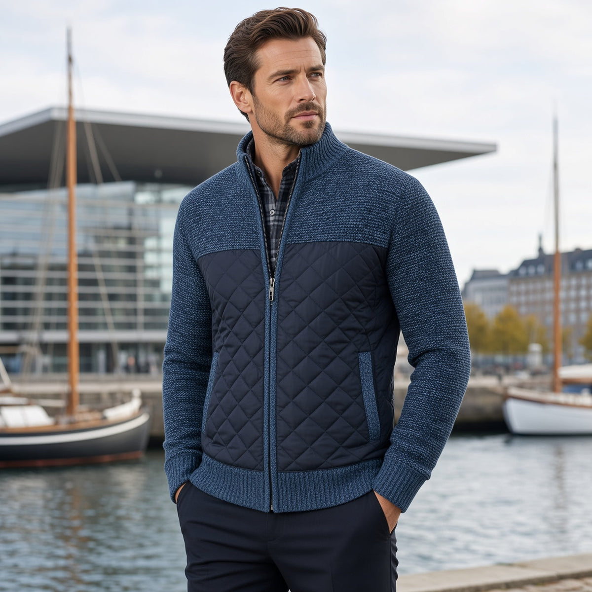 ZACH Retro Quilted Zip-Up Sweater